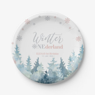Silver & Pink Winter Wonderland Schnee 1. Geburtst Pappteller