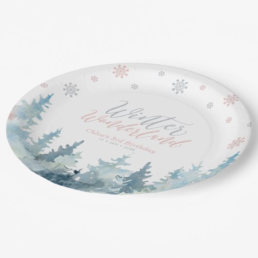 Silver & Pink Winter Wonderland Schneeflocke Gebur Pappteller (Schrägansicht)