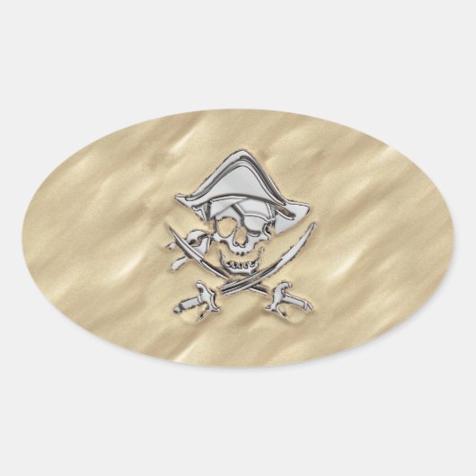 Silver Pirate Skull in der Sand-Dekoration Ovaler Aufkleber (Vorderseite)