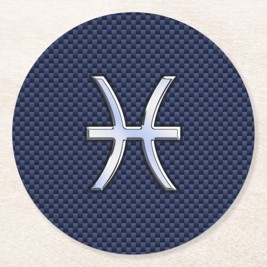 Silver Pisces Zodiac Sign Blue Carbon Fibre Print Runder Pappuntersetzer (Vorderseite)