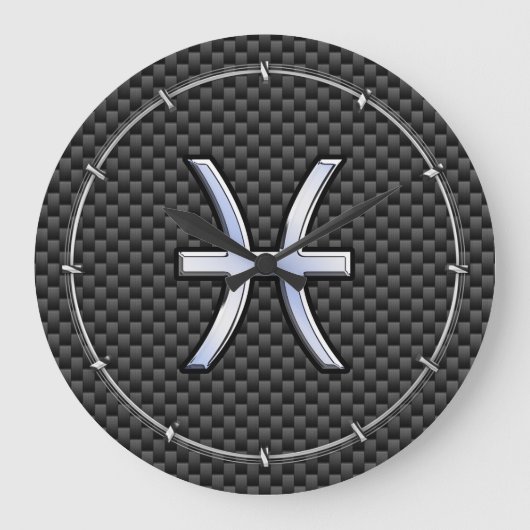 Silver Pisces Zodiac Sign on Carbon Fiber Print Große Wanduhr (Vorderseite)