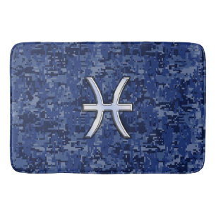 Silver Pisces Zodiac Symbol Navy Blue Digital Camo Badematte
