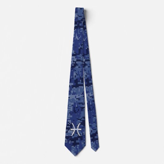 Silver Pisces Zodiac Symbol Navy Blue Digital Camo Krawatte (Vorderseite)