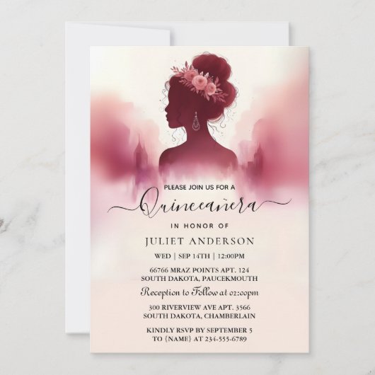 Silver Plum Lace Gown Boho Burgundy Quinceanera Einladung (Vorderseite)