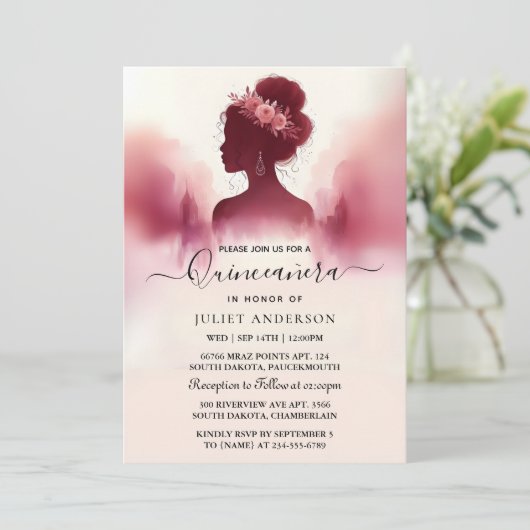 Silver Plum Lace Gown Boho Burgundy Quinceanera Einladung (Stehend Vorderseite)