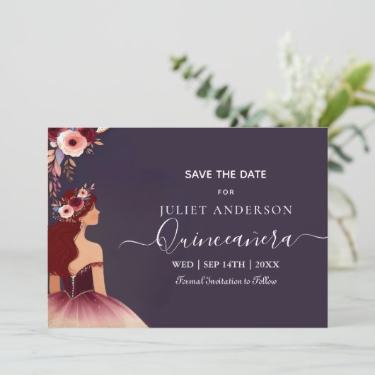 Silver Plum Lace Gown Boho Burgundy Quinceanera Save The Date (Stehend Vorderseite)