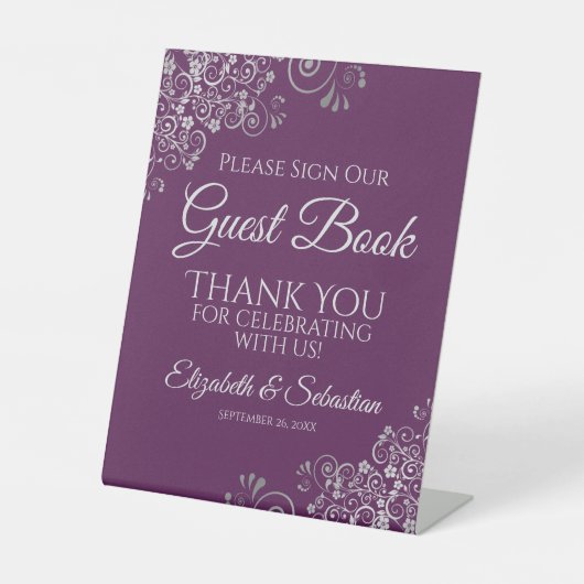 Silver & Plum Please Sign our Guest Book Sign Sockelschild (Vorderseite)
