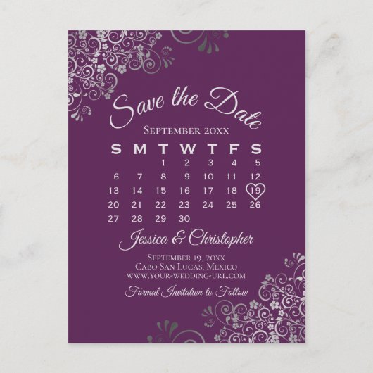 Silver Plum Purple Wedding Save the Date Calendar Ankündigungspostkarte (Vorderseite)