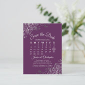 Silver Plum Purple Wedding Save the Date Calendar Ankündigungspostkarte (Stehend Vorderseite)