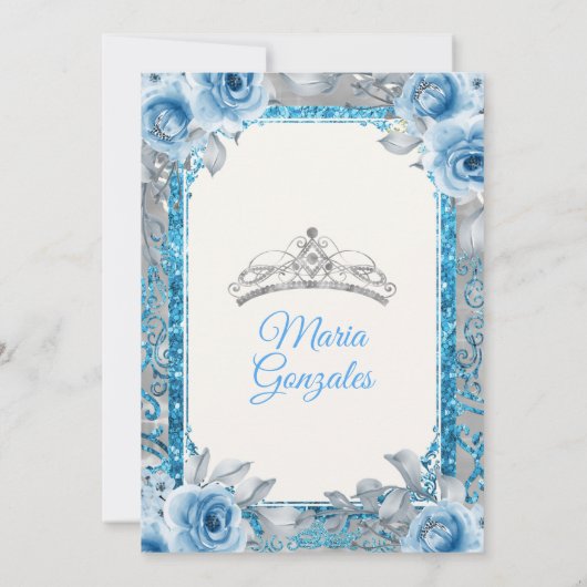 Silver Princess Blue Rose Quinceanera Einladung (Rückseite)