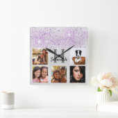 Silver purple glitter photo collage name quadratische wanduhr (Zuhause)