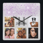 Silver purple glitter photo collage name quadratische wanduhr<br><div class="desc">A unique gift or a treat for yourself celebrating her/your life with a collage of 5 of your own photos, pictures. Personalize and add a monogram letter. A bright faux silver metallic looking background. Gray and black text. Decorated with purple faux glitter dust. The name is written with a modern...</div>