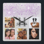 Silver purple glitter photo collage name quadratische wanduhr<br><div class="desc">A unique gift or a treat for yourself celebrating her/your life with a collage of 5 of your own photos, pictures. Personalize and add a monogram letter. A bright faux silver metallic looking background. Gray and black text. Decorated with purple faux glitter dust. The name is written with a modern...</div>