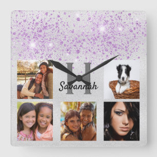 Silver purple glitter photo collage name quadratische wanduhr