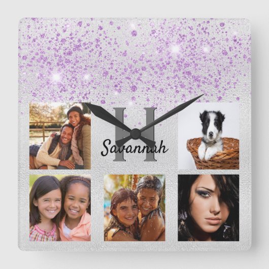 Silver purple glitter photo collage name quadratische wanduhr (Vorderseite)