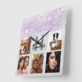Silver purple glitter photo collage name quadratische wanduhr (Winkel)