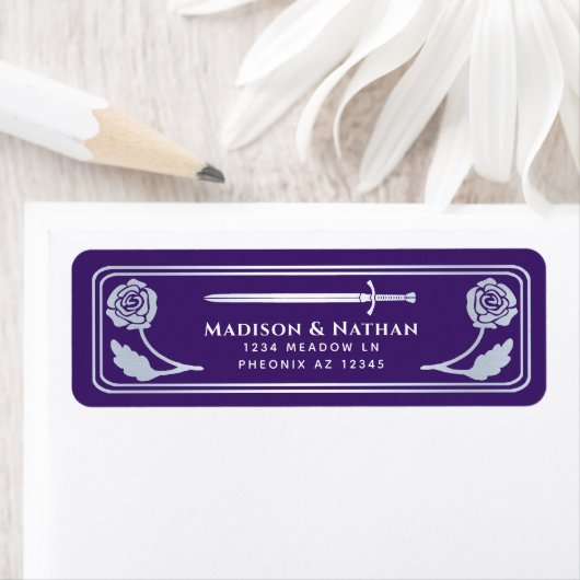 Silver Purple Medieval Fantasy Sword Wedding Label (Insitu)