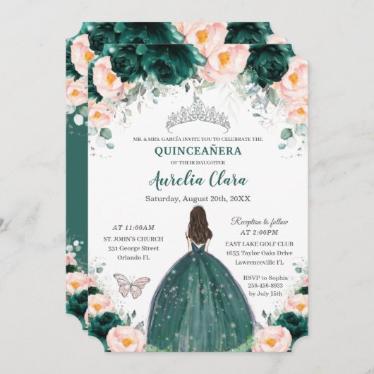 Silver Quinceañera Emerald Blush Bloral Princess Einladung (Vorne/Hinten)