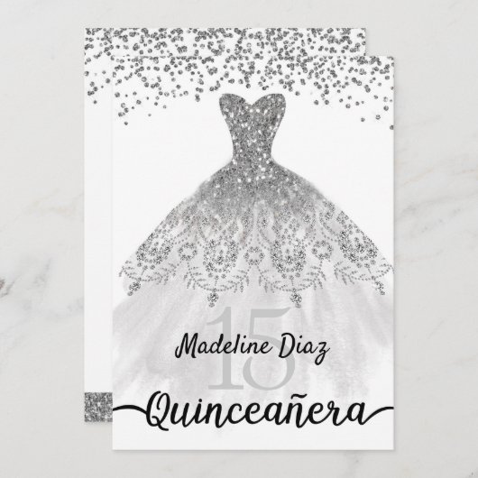 Silver Quinceanera Geburtstag Einladung Cumpleanos (Vorne/Hinten)