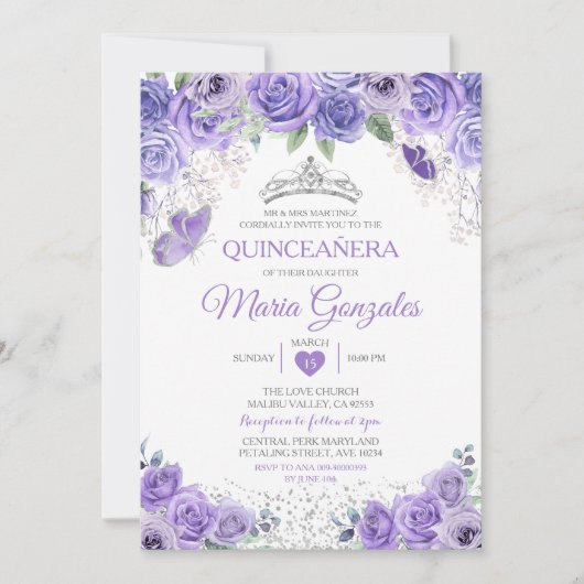 Silver Quinceañera Lila Crown Mexican Butterfly Einladung (Vorderseite)