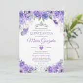 Silver Quinceañera Lila Crown Mexican Butterfly Einladung (Stehend Vorderseite)