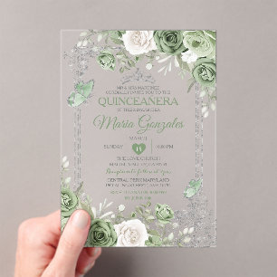 Silver Quinceañera Sage Green Crown Butterfly Acryleinladungen