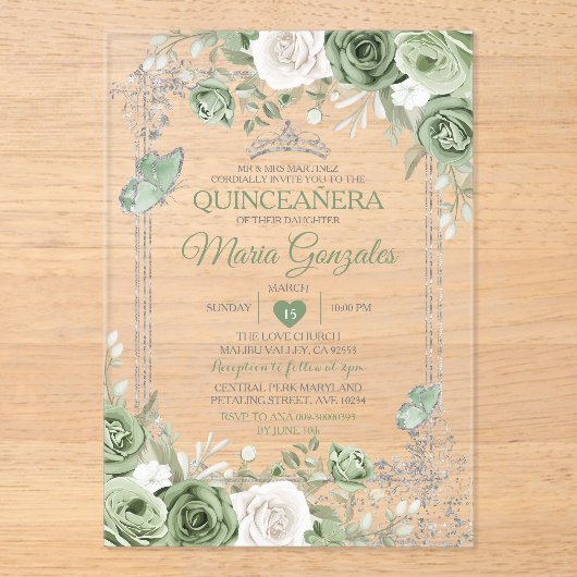 Silver Quinceañera Sage Green Crown Butterfly Acryleinladungen (Vorderseite)