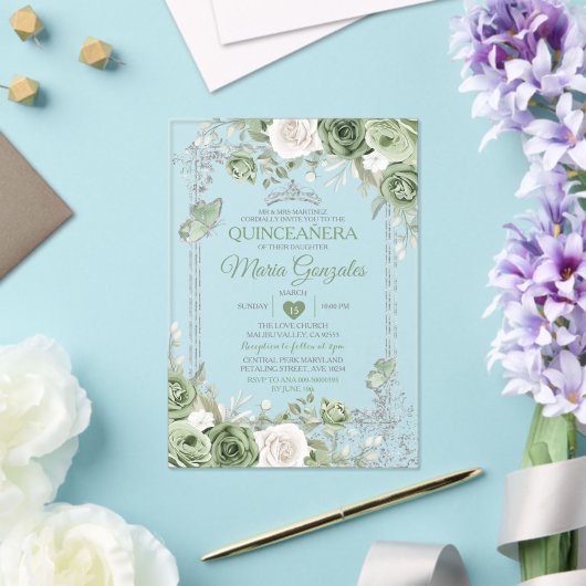 Silver Quinceañera Sage Green Crown Butterfly Acryleinladungen (In Situ (Hochzeit))