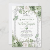 Silver Quinceañera Sage Green Crown Butterfly Einladung (Vorderseite)