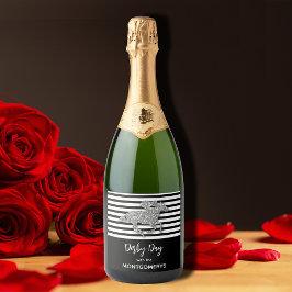 Silver Racehorge auf schwarzen Streifen Schaumweinetikett