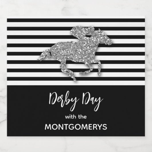 Silver Racehorge auf schwarzen Streifen Schaumweinetikett (Einzelnes Label)