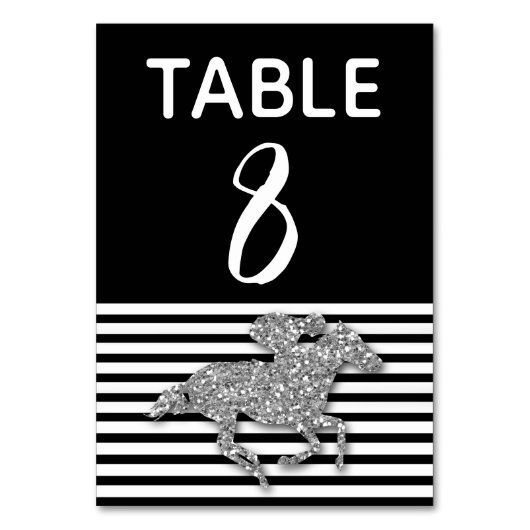 Silver Racehorge auf schwarzen und weißen Streifen Tischnummer (Vorderseite)