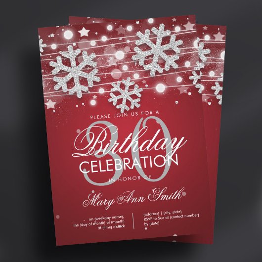 Silver Red 30. Geburtstag Winter Glitzer Glam Einladung