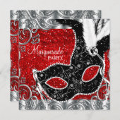 Silver Red and Black Mask Masquerade Party Einladung (Vorne/Hinten)