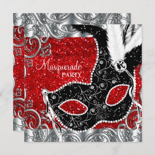 Silver Red and Black Mask Masquerade Party Einladung (Vorne/Hinten)