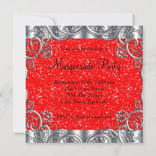 Silver Red and Black Mask Masquerade Party Einladung (Rückseite)