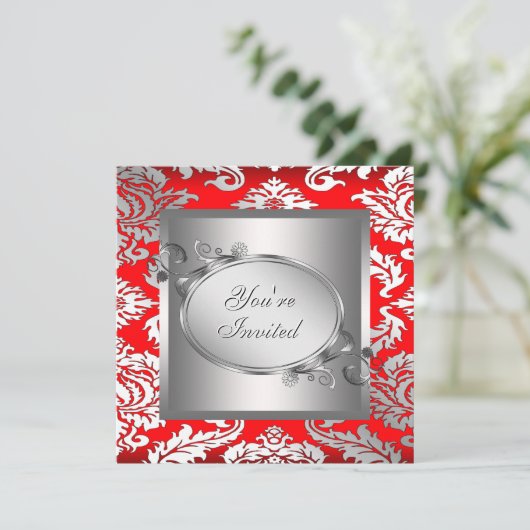 Silver Red Black Damask Party Einladung (Stehend Vorderseite)