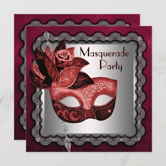 Silver Red Black Masquerade Party Einladung (Vorne/Hinten)