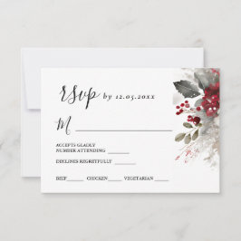 Silver Red Christmas Winter Floral Wedding RSVP Karte