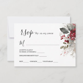 Silver Red Christmas Winter Floral Wedding RSVP Karte