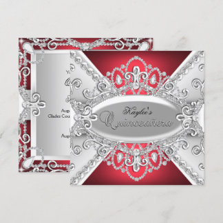 Silver & Red Diamond Damask Quinceanera Einladung
