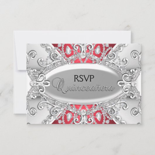 Silver & Red Diamond Damask Quinceanera UAWG RSVP Karte (Vorderseite)