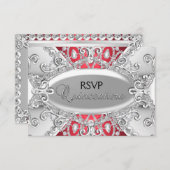 Silver & Red Diamond Damask Quinceanera UAWG RSVP Karte (Vorne/Hinten)