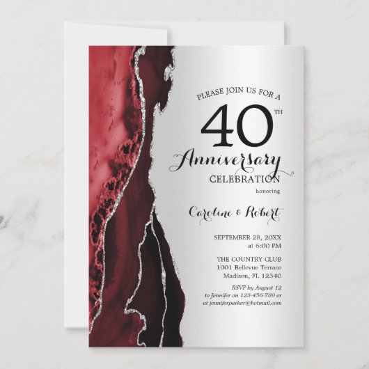 Silver Red Elegant 40 Jahre Jubiläum Einladung (Vorderseite)