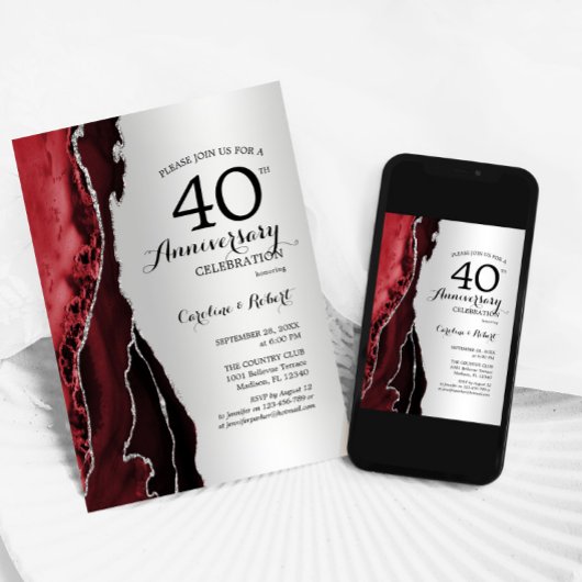 Silver Red Elegant 40 Jahre Jubiläum Einladung