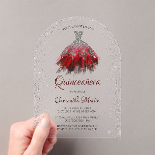 Silver Red Glitzer Dress Script Quinceañera Party Acryleinladungen