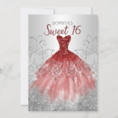 Silver Red Glitzer Sparkle Dress Sweet 16 Geburtst Einladung (Vorderseite)
