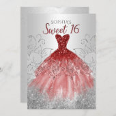 Silver Red Glitzer Sparkle Dress Sweet 16 Geburtst Einladung (Vorne/Hinten)