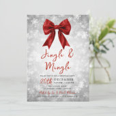 Silver Red Jingle Mingle Christmas Party Bow Snow  Einladung (Stehend Vorderseite)