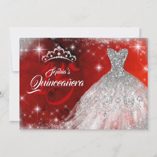 Silver Red Lace Diamond Gown Tiara Quinceanera Einladung (Vorderseite)